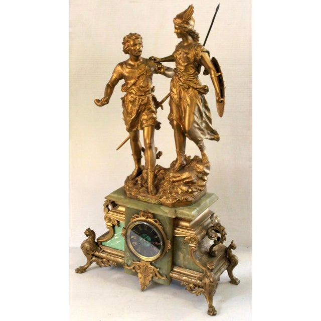 Magnificent French figural alabaster mantel clock titled “La Walkyrie” by acclaimed sculptor Ernest Rancoulet. Crafted in...