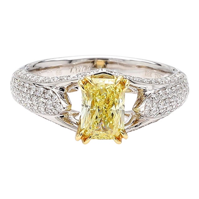 1990s Gia Cert. 1.01 Carat Fancy Intense Yellow Radiant Diamond Pave Set Split Ring, Size 6.25 For Sale