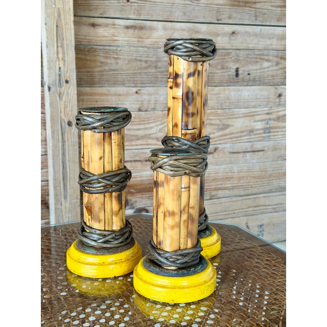 Set of Three Vintage Scorched Bamboo and Rattan Wrapped Candlesticks For Sale - Image 11 of 12