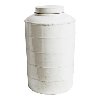 Vintage Farmhouse White Ceramic Jar With Lid Large For Sale