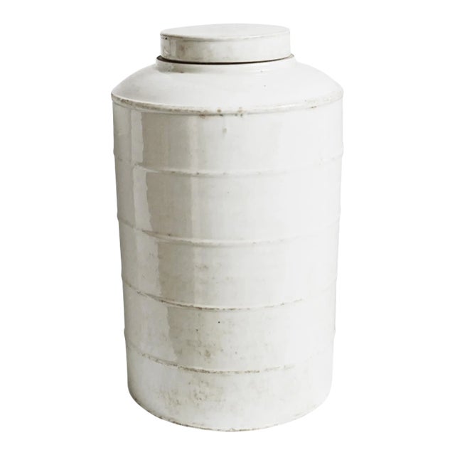 Vintage Farmhouse White Ceramic Jar With Lid Large For Sale