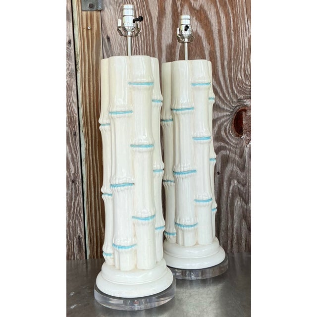 Vintage Coastal Glazed Ceramic Bamboo Lamps - a Pair For Sale In West Palm - Image 6 of 7