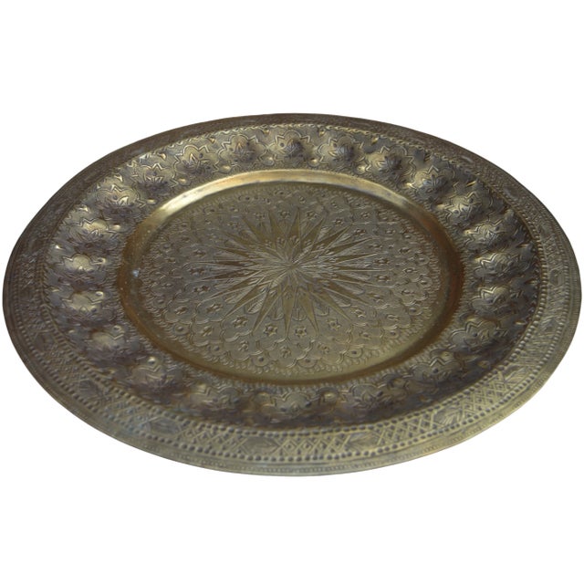 Moroccan Antique Engraved Moorish-Patterned Brass Tray For Sale - Image 3 of 10