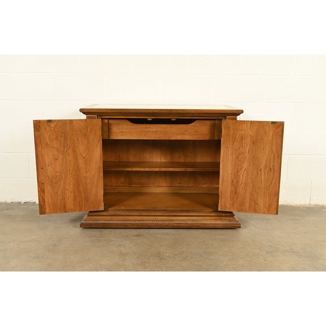 1960s French Regency Louis XVI Carved Pecan Wood Marble Top Sideboard Buffet or Bar Cabinet by Stanley, Circa 1960s For Sale - Image 5 of 13