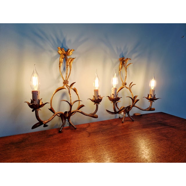 Floral Wall Sconces in Gilt Metal, Italy, 1960, Set of 2 For Sale - Image 4 of 14