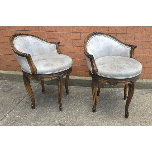 Wood Pair Régence Style Fruitwood and Upholstered Swivel Bergere Chairs For Sale - Image 7 of 8