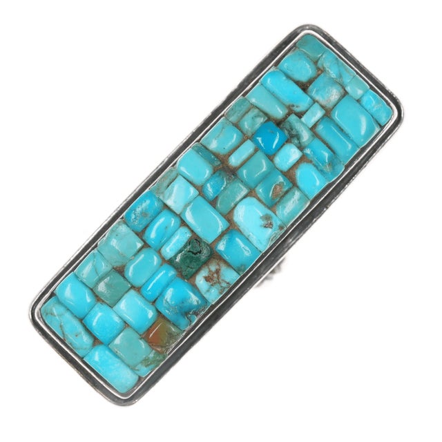 Native American sz8.25 Large Old Native American silver turquoise cobblestone ring For Sale - Image 3 of 9