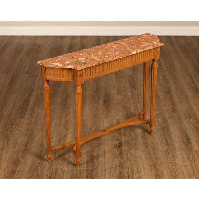 Custom Quality Carved Beechwood Console or Sofa Table with Breccia Marble Top and Single Dovetailed Drawer