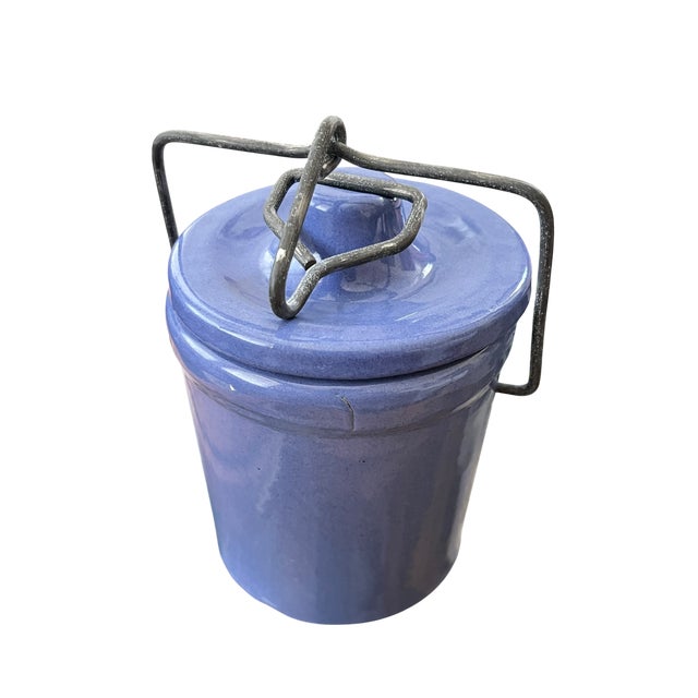 Vintage French Country Periwinkle Blue Ceramic Lidded Canister & Striped Spoon After Digoin Sarreguemines For Sale - Image 10 of 13