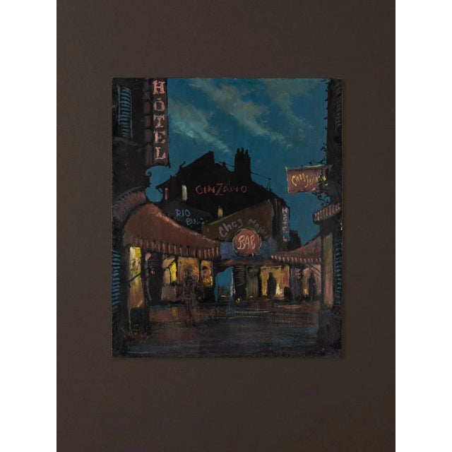 R. Marien "pigalle dans la nuit" . Oil on wood panel. Expressionist depiction of a street in the red light district of...
