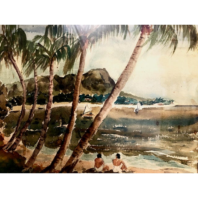 This lovely watercolor evokes the pleasures of vacationing in Hawaii in the late 1940s to the early 1950s. Viewed from...