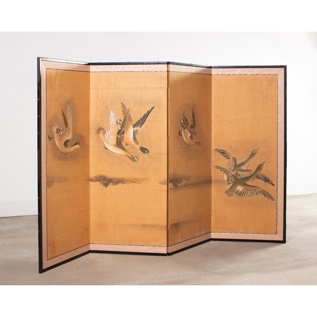 Late 19th Century Japanese Meiji Four Panel Screen Ducks and Geese in Flight For Sale - Image 5 of 18