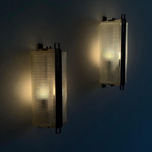 Large Brass and Pressed Glass Sconces by Jacques Adnet, France, 1960s, Set of 2 For Sale - Image 12 of 18