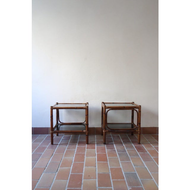 Bamboo and Rattan Bedside Tables with Smoked Glass Tops, 1970s, Set of 2 For Sale - Image 4 of 14