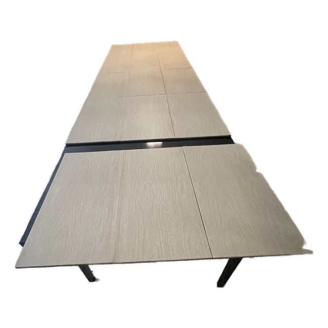 Mid 20th Century Black Lacquer Extension Dining Table With Asian-Inspired Fretwork Base, Two Leaves and Custom Protective Pads For Sale