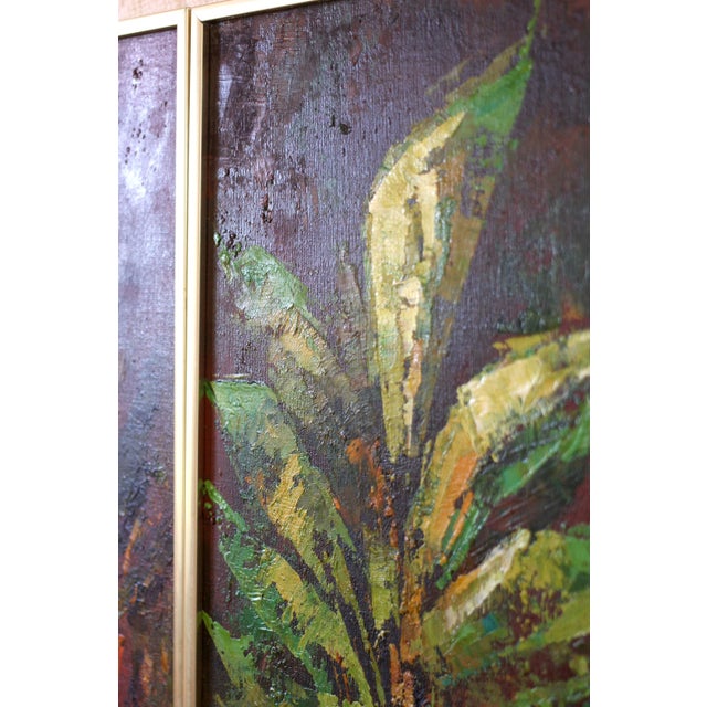 American Pair of houseplant paintings - heavily textured - 70s paintings - midcentury - boho - green paintings - still life - vertical painting -gift For Sale - Image 3 of 10