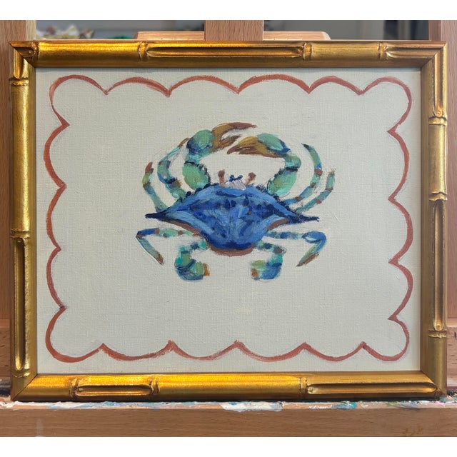 Impressionist Blue Crab in Bamboo Frame an Original Painting by Michelle Heimann. For Sale - Image 3 of 3