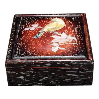 1990s Square Wood Keepsake Box With Mother of Pearl Bird & Floral Inlay For Sale
