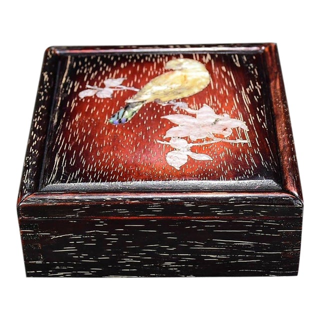 1990s Square Wood Keepsake Box With Mother of Pearl Bird & Floral Inlay For Sale