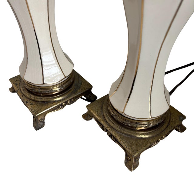 Vintage Cream Brass Gold Hollywood Regency Gilded Porcelain Boudoir Table Lamps - a Pair For Sale - Image 4 of 6