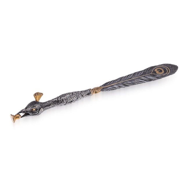 Antique 20th Century Silver Plate & Brass Peacock Letter Opener, 1890s For Sale - Image 12 of 12