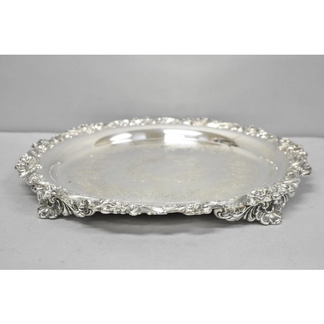 Vintage Wilcox Victorian Silver Plated Round Ornate Footed Salver Serving Tray For Sale - Image 15 of 16