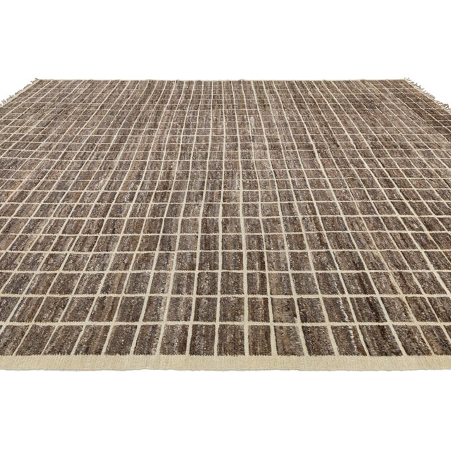 2010s 12x16 Brown Modern Moroccan Style Grid Hand-Knotted Wool Area Rug For Sale - Image 5 of 9