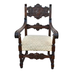 Antique Carved Walnut Tudor Style Ornate Arm Chair