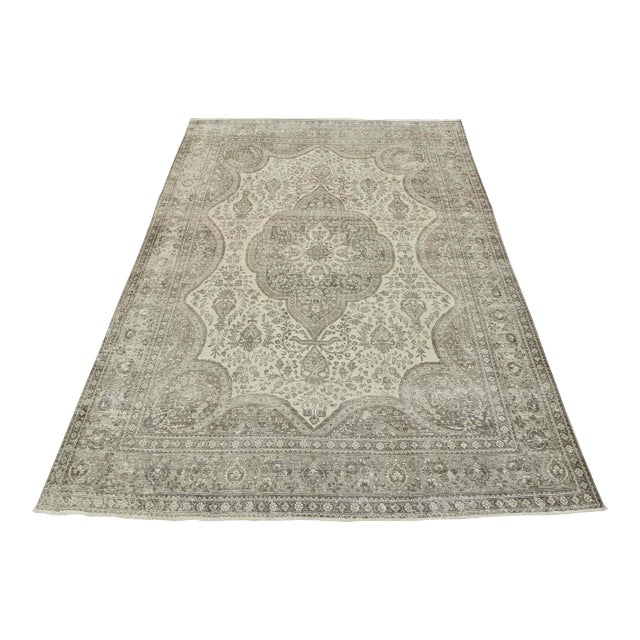Tabriz Rug 10′ X 12’10” Ivory Wool Vintage Distressed Hand-Knotted Carpet For Sale
