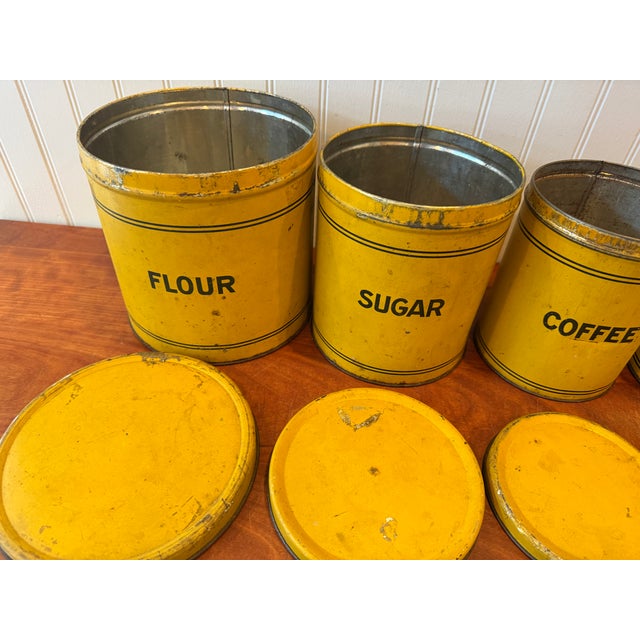 Metal Early 20th Century Bright Yellow Enamel Flour, Sugar, Coffee & Tea Kitchen Canisters – Set of 4 For Sale - Image 7 of 17