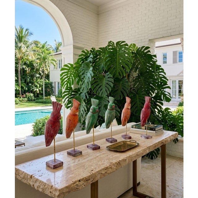 Wood Vintage Indian Hand-Carved & Painted Wooden Parrots on Stands - Set of 6 For Sale - Image 7 of 11