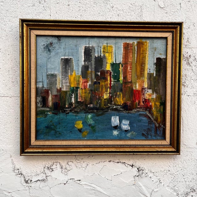 Vintage Mid Century Modern Cityscape Oil Painting "Skyline V" by M. Baker Signed and Dated 1978. Features an impasto on...