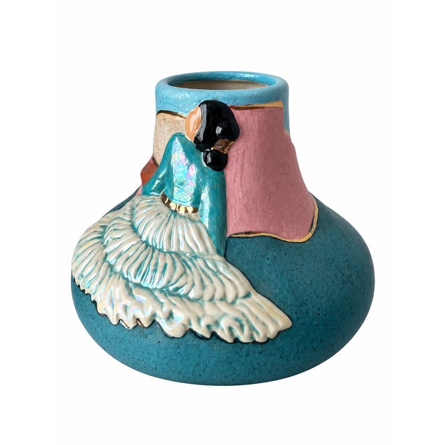 Vintage Southwestern Turquoise Ceramic Vase With Sculpted Woman and Iridescent Skirt For Sale - Image 4 of 13