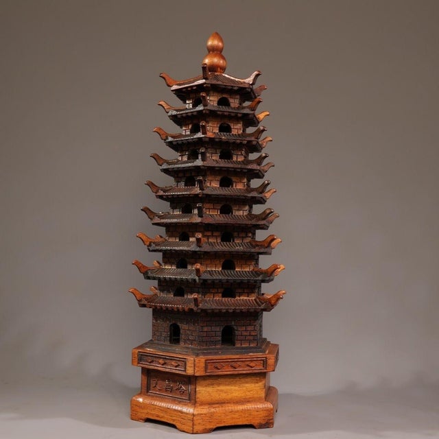 Wood Vintage Rosewood Wenchang Pagoda Tower Statue 9-Tier Scholar's Desk Decor 17.7" For Sale - Image 7 of 10