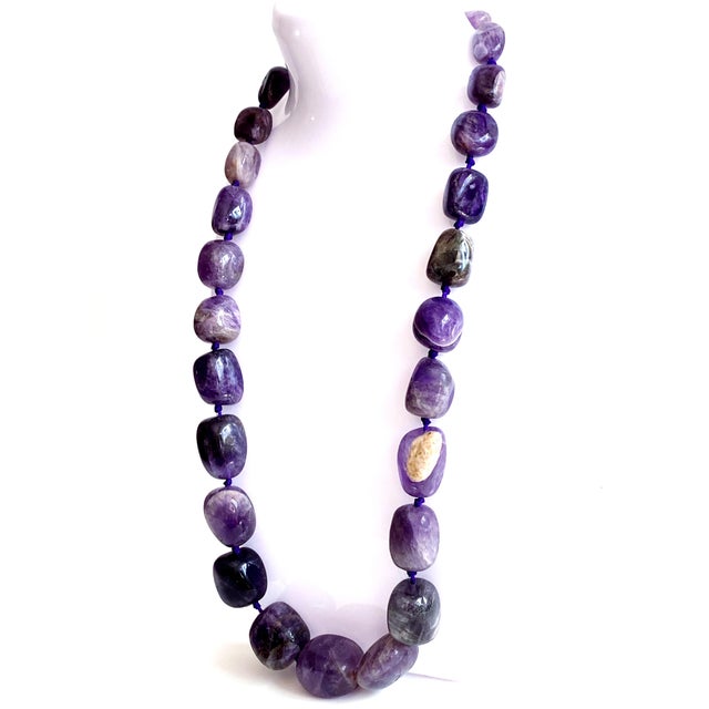 Metal Large Amethyst Statement Necklace | Oversized Purple Gemstone Beads | Knotted Silk Cord | 304 Stainless Steel Clasp For Sale - Image 7 of 11