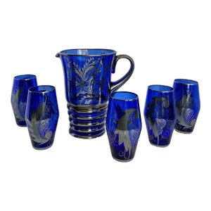 Cobalt Blue Italian Glass With Silver Overlay Pitcher and Glasses - Set of 6