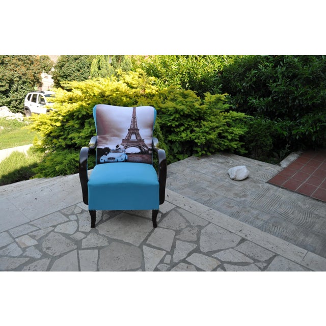 This Art Deco armchair, circa 1920, has been completely restored, re-upholstered, lacquered, printed and hand colored....