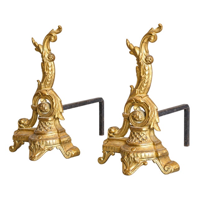 Late 19th Century Louis Philippe Gilt Bronze Andirons, Set of 2 For Sale
