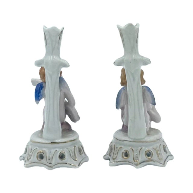 Pair Early 20th Century Porcelain Miniature Cherub Figurines Statues Playing Instrument For Sale - Image 9 of 12