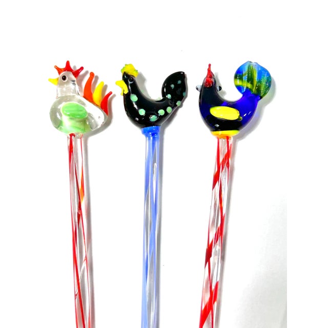 Glass 1990s Hand-Blown Glass Rooster Swizzle Sticks – Set of 6 For Sale - Image 7 of 8