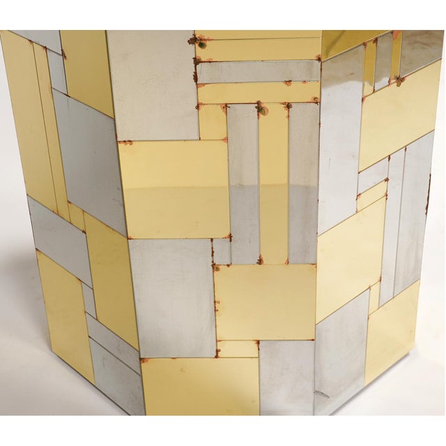 Metal Signed Paul Evans 1970s Cityscape Patchwork Chrome and Brass Octagonal Breakfast Dining Table For Sale - Image 7 of 9
