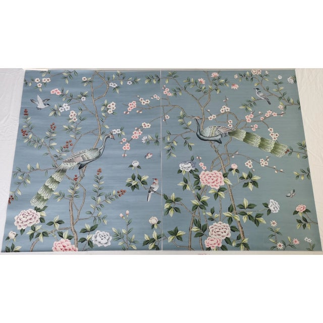 Hand-Painted Chinoiserie Peacock Wallpaper Panels – Luxury Floral Bird Mural, Elegant Botanical Wall Art, 2 Panels 34x44 For Sale - Image 4 of 6