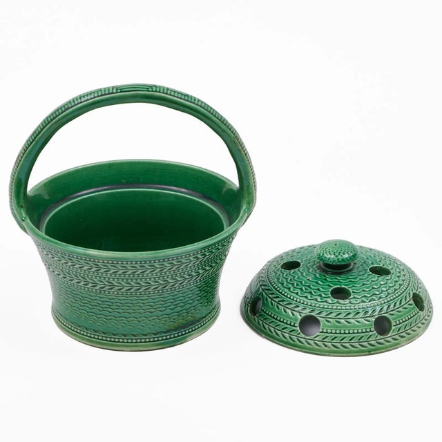 Antique early 19th century English Staffordshire green glaze basket weave bough pot vase and cover. Measures 4 3/4" tall x...
