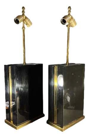 Hollywood Regency Lamps in Black Lacquer and Brass, 1970s, Set of 2