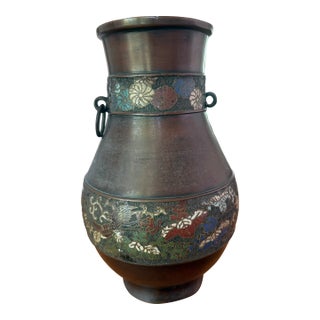 Antique Japanese Meiji Bronze Champlevé Enamel Hu Vase With Ring Handles For Sale