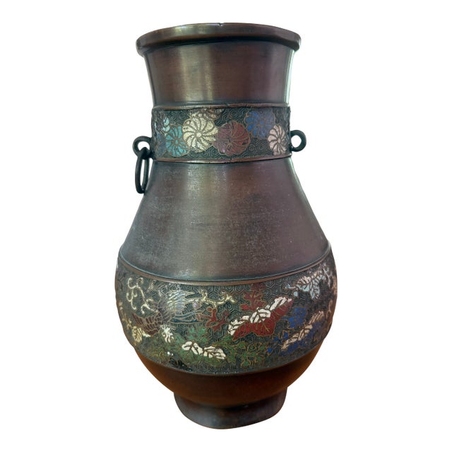 Antique Japanese Meiji Bronze Champlevé Enamel Hu Vase With Ring Handles For Sale