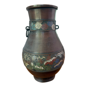 Antique Japanese Meiji Bronze Champlevé Enamel Hu Vase With Ring Handles