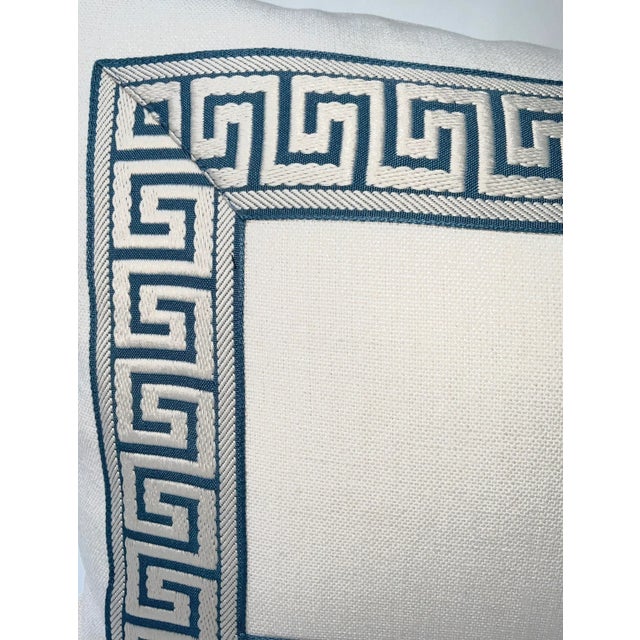 Natural light cream/beige belgium linen, with indigo blue greek key trim. Trim is approx two and a quarter inches wide....