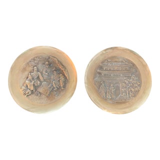 Mid-Century Chinese Chinoiserie Bronze and Brass Relief Wall Plates With Pagoda- A Pair For Sale