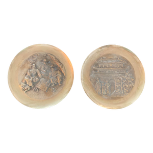 Mid-Century Chinese Chinoiserie Bronze and Brass Relief Wall Plates With Pagoda- A Pair